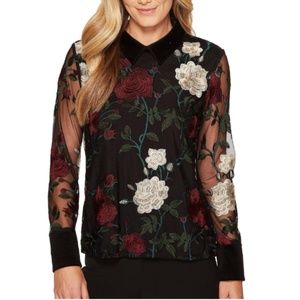 Velvet collar floral mesh sleeve blouse